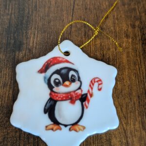 Candy Cane Penguin Christmas Snow Flake Ceramic Ornament