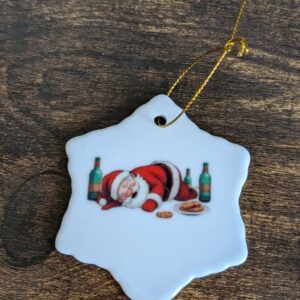 Drunk Santa Christmas Snow Flake Ceramic Ornament